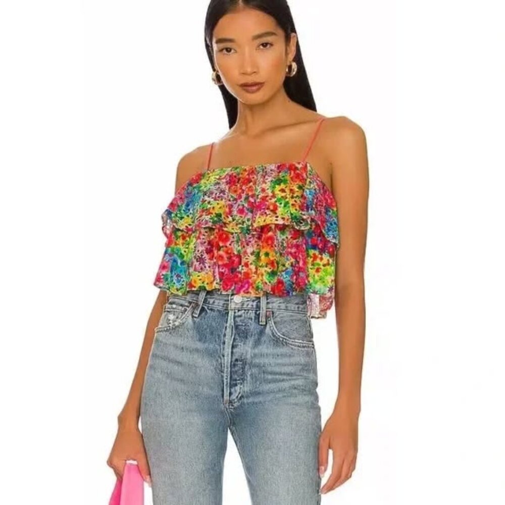 Alice + Olivia Multi-Color Floral Eyelet Ruffle Crop Tube Top Size 0 NWT - Picture 3 of 16